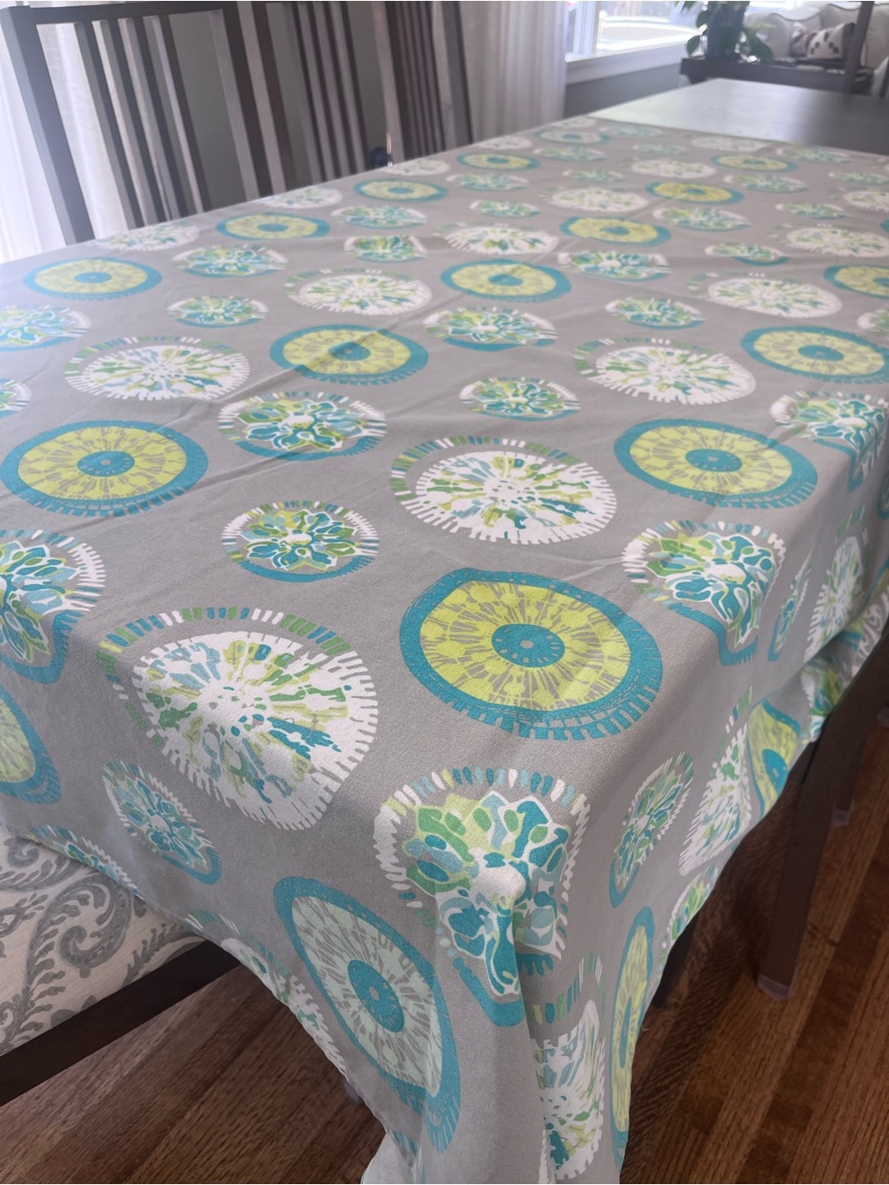Gray Tablecloth with Teal and Lime Medallion Pattern - Home Dining